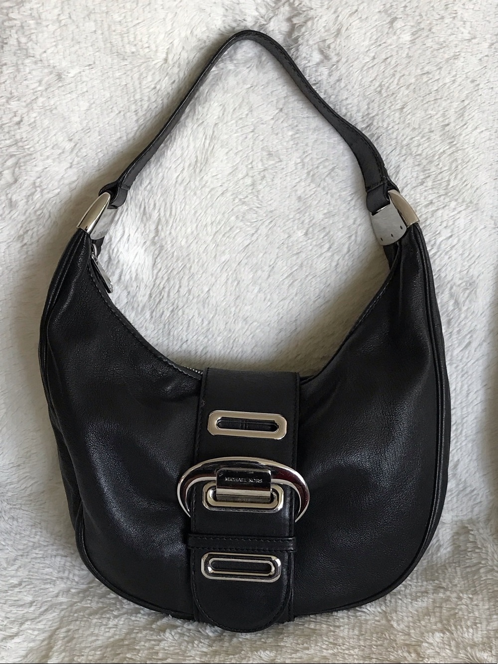 Michael Kors Black Leather Shoulder Hobo with Silver Hardware